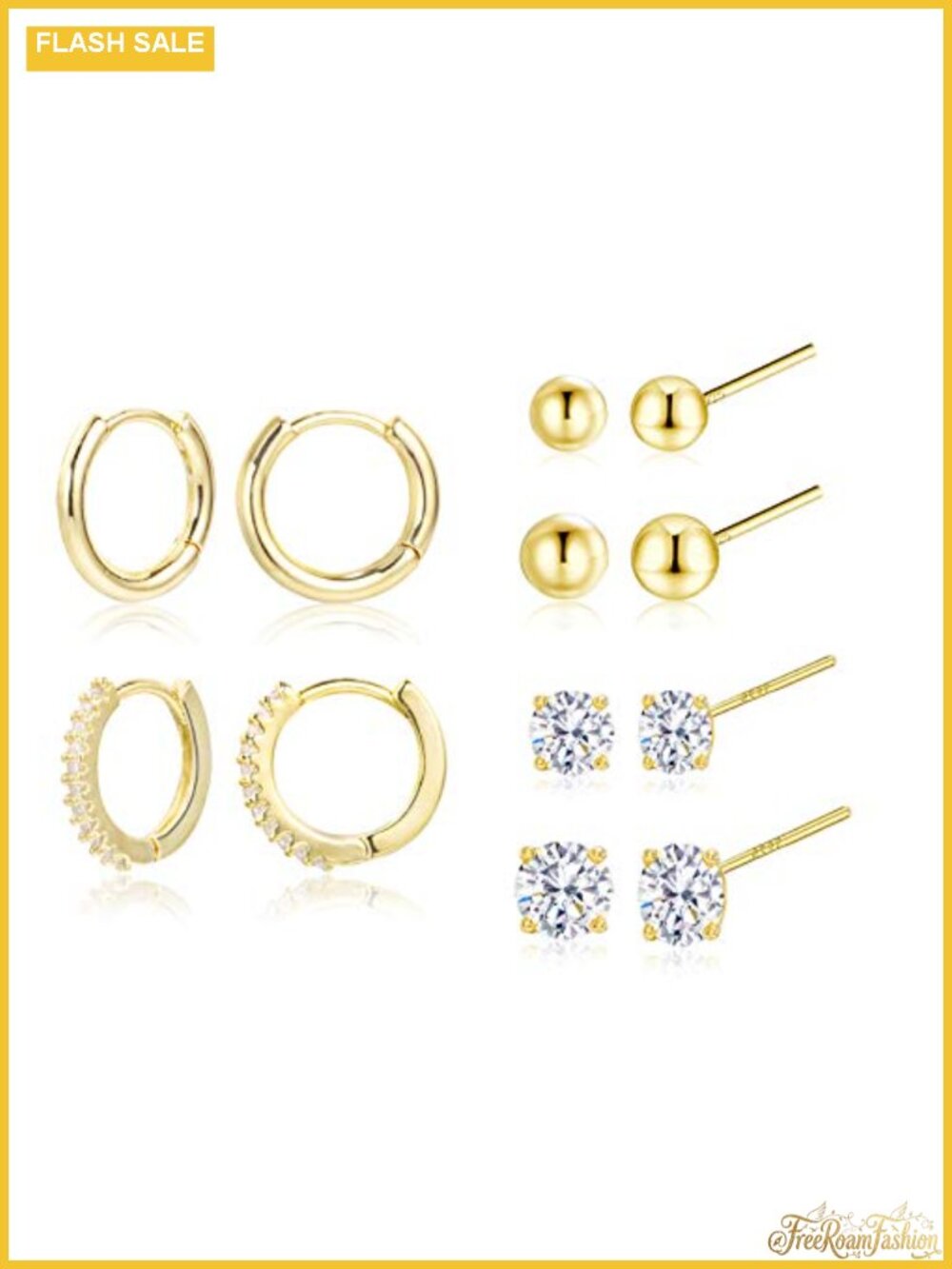 Gold Plated Sterling Silver Earring Set Studs & Hoops 6 Pairs Hypoallergenic